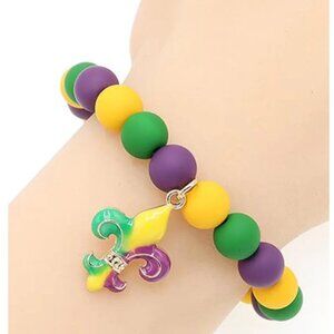 Mardi Gras Fleur de Lis Rubber Beaded Charm Bracelet - Stretch Bracelet